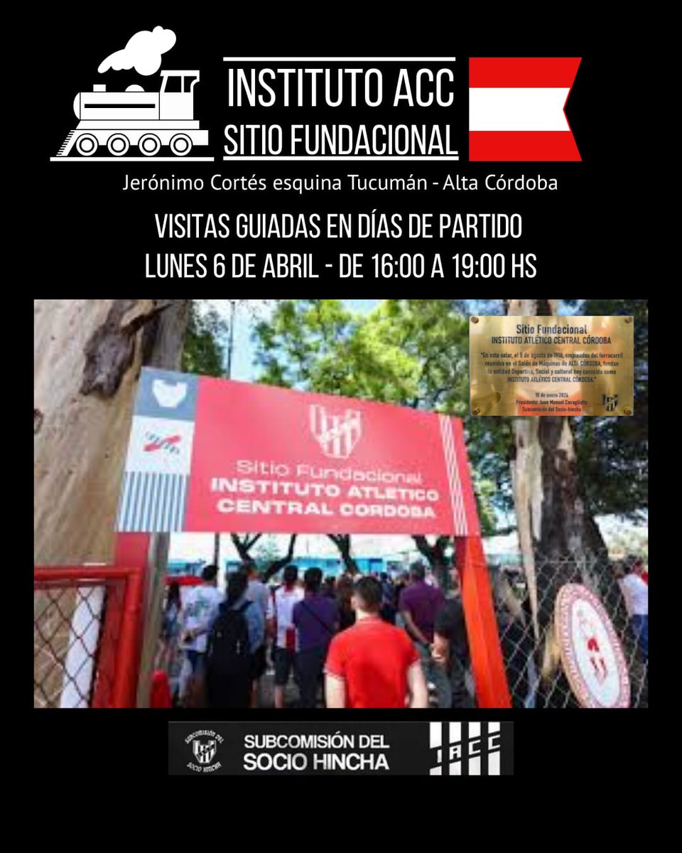 🏟️ Visita Guiada en Sitio Fundacional de Instituto A.C.C.

Este lunes 6 de abril, en la previa del partido de local, invitamos a socios y socias a vivir una experiencia especial en el Sitio Fundacional de Instituto A.C.C.