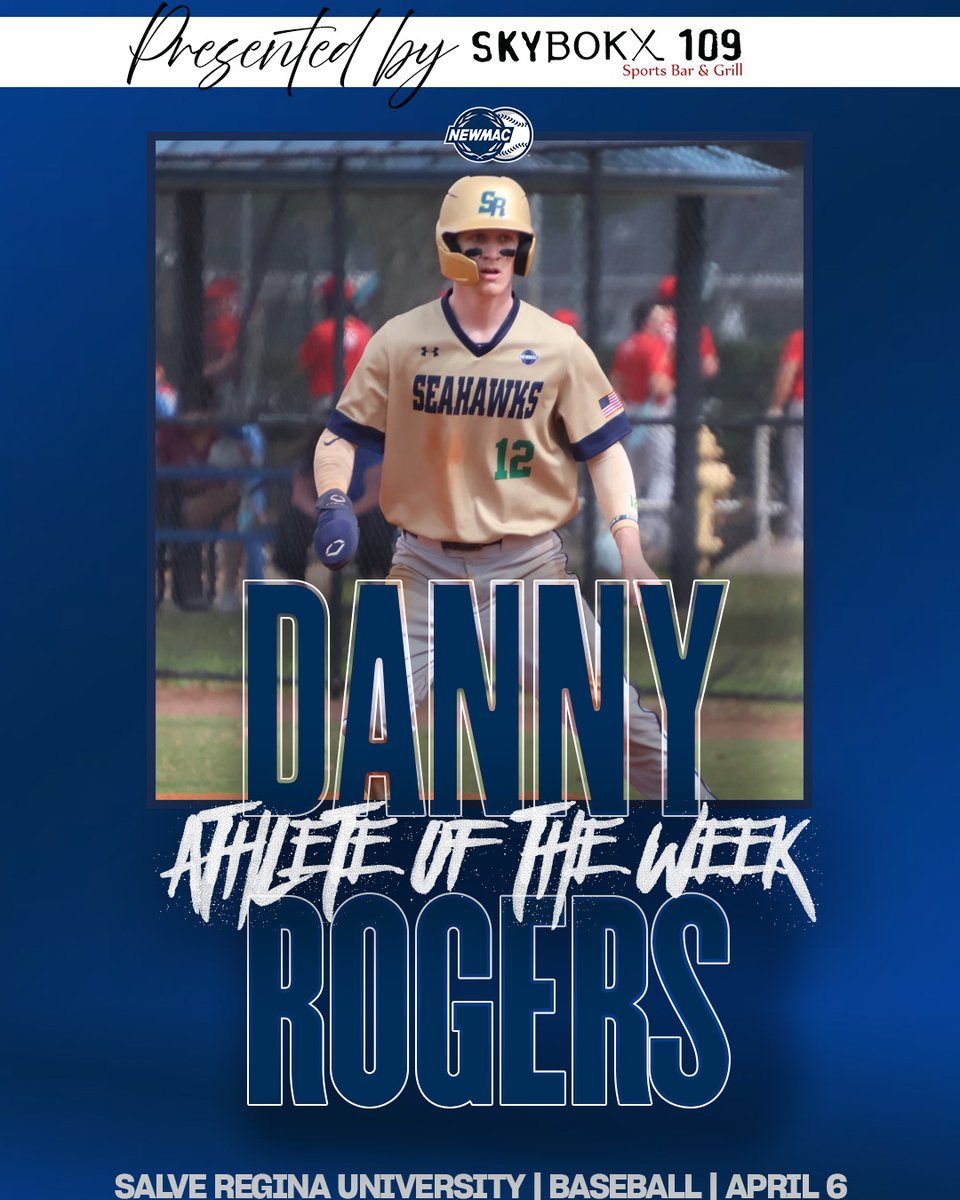 NEWMACsports's tweet photo. BASEBALL ⚾
ATHLETE OF THE WEEK 

@SalveAthletics Danny Rogers hit .476, with a double, 4 stolen bases, 6 runs scored, and an RBI for the No. 4 Seahawks, who went 4-0 on the week.

https://t.co/dzT3ANME2P

Presented by  SKYBOKX 109 in Natick, Mass.

#GoNEWMAC // #WhyD3 https://t.co/BzHv4yFbc8