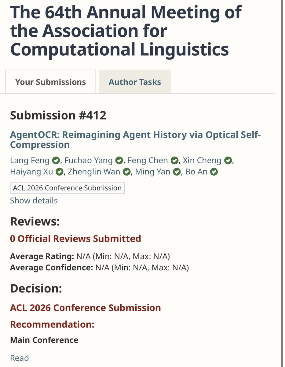 langfengq's tweet photo. 🎉 Thrilled to share that our paper "AgentOCR" (in collaboration with @Ali_TongyiLab) has been accepted to #ACL2026 (Main)!

Tired of exploding memory token costs in long-horizon agent tasks? We alleviate it by turning the agent's history into an IMAGE.

Instead of feeding raw text, AgentOCR renders the history context visually. We let the agent dynamically compress its own "visual memory" using RL, and cache the segments to keep rendering cheap.

Check it out! 👇
Paper: https://t.co/7GbhvTMNtn
Code: https://t.co/6UmFUCqfqq