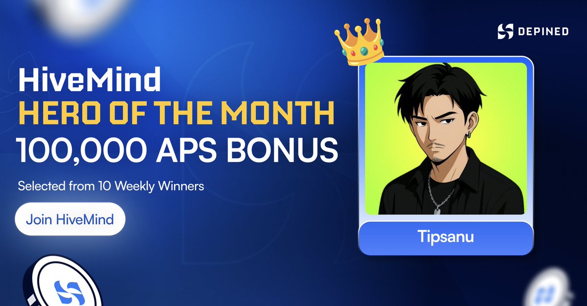 DePINed_org's tweet photo. 🏆 HiveMind Hero of the Month Announced!

Every week, we recognize the top performers.
Every month, one stands above the rest.

After evaluating consistency, growth, and total engagement across all campaigns, one Hiver has emerged as this month’s standout performer 👇

🥇 @Tipsanu

Recognized for exceptional execution, consistent performance, and compounding impact across the network.

Out of 10 weekly winners, this Hiver has secured the top spot and earned the 100,000 APS Monthly Bonus.

No luck. No shortcuts.

Just sustained growth and real contribution.

This is what HiveMind rewards.

Next month, it could be you.

⚡ Stay active. Stay consistent. Stay winning.