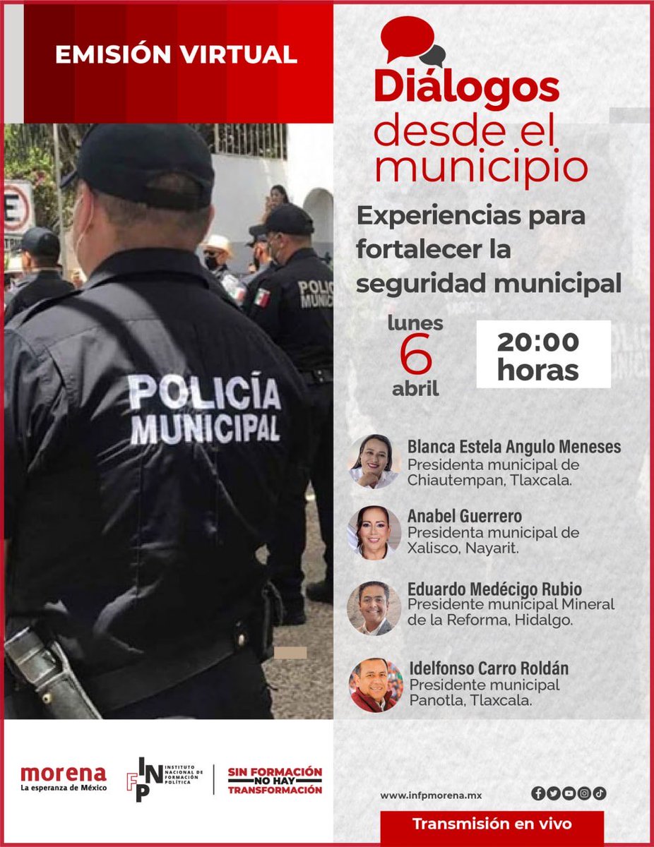📣Excelente inicio de semana para todas y todos. Conoce la cartelera formativa de este lunes 6 de abril:

📌Reflexiones de Sur a Norte - La soberanía energética en México ante los conflictos bélicos.
⏰16:00 hrs.
📲Transmisión a través del canal de YouTube INFP y Coordinación