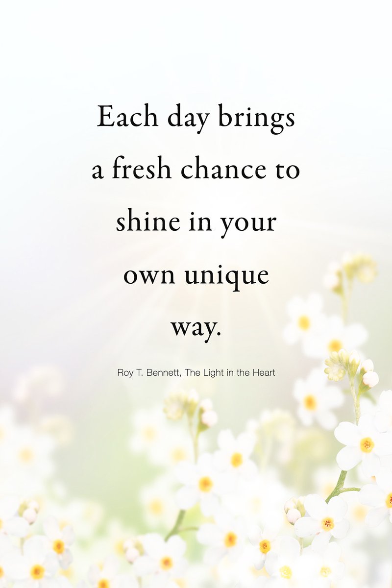 Each day brings a fresh chance to shine in your own unique way.
Roy T. Bennett, The Light in the Heart