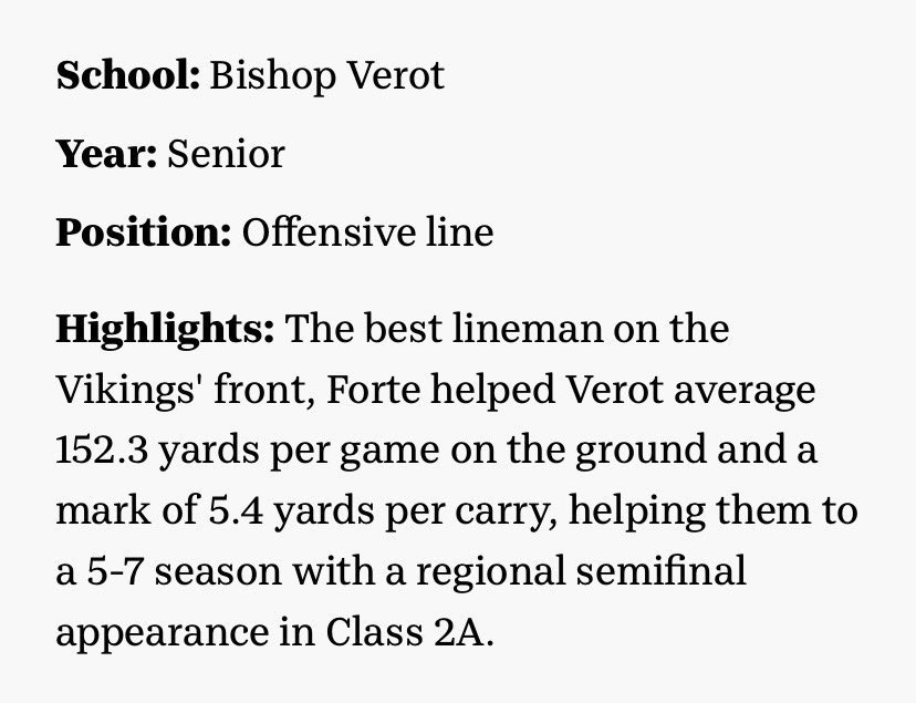 DennisForteJr's tweet image. Honored to be named @fhsaa 1st Team All State. Thank you @BishopVerotFB &amp;amp; @CoachRodeBV for an amazing 4 years, 43 varsity starts! I am looking forward to my Post Grad year this fall at @PeddieFalconsFB &amp;amp; playing for @Coach_Fab #classof27 #Route66 @jr_gennaro5567 @ForteMortgage
