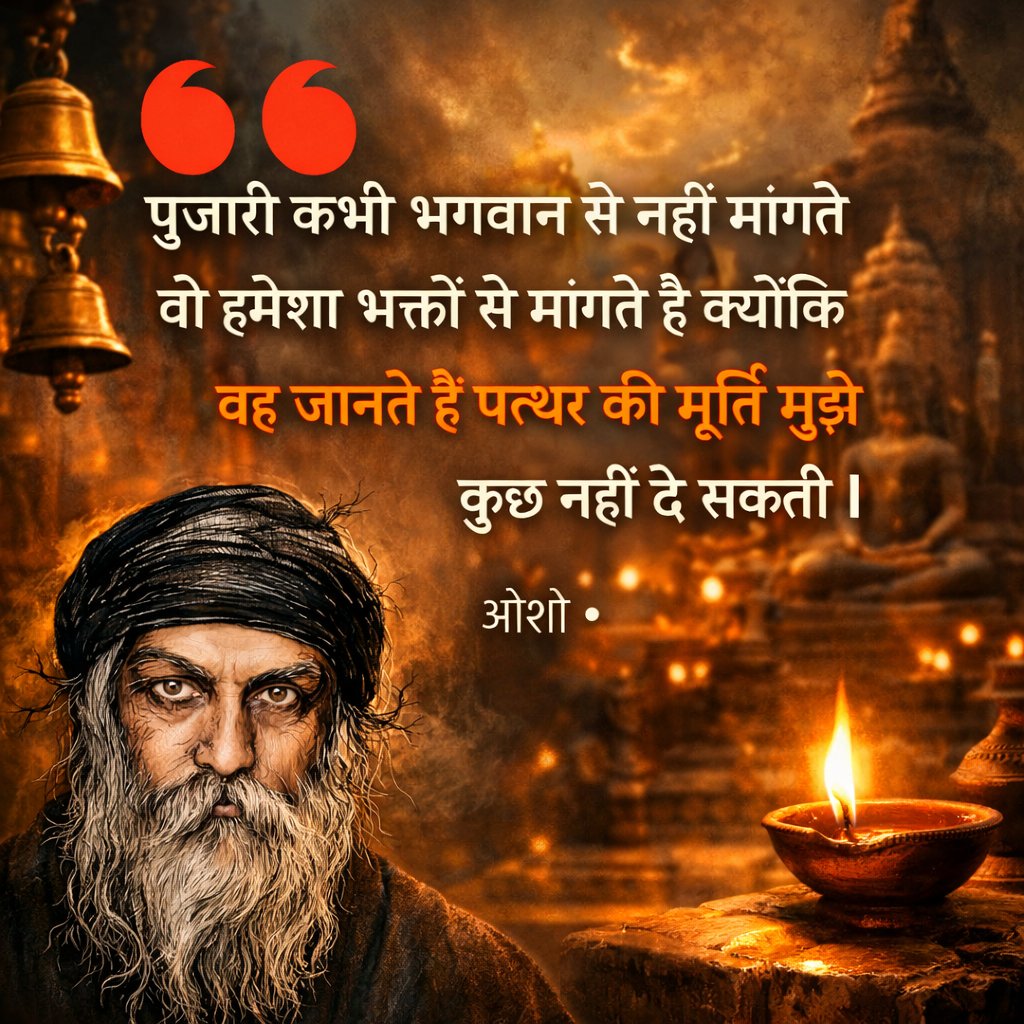 sourya_ravan's tweet image. पुजारी कभी भगवान से नहीं मांगते वो हमेशा भक्तों से मांगते है क्योंकि वह जानते हैं पत्थर की मूर्ति मुझे कुछ नहीं दे सकती Ⅰ

ओशो
#Osho #DeepThinking #Truth #Spirituality #LifeQuotes #OshoHindi