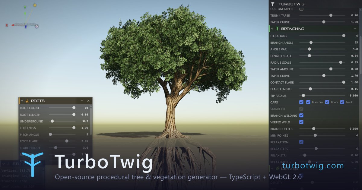 3merillon's tweet photo. I couldn't activate SpeedTree, so I built my own procedural tree generator. It runs in your browser.

— TURBOTWIG —
    https://t.co/bgs4ZgYKsE

I'm working on a planet renderer (Neural Planetoid 2) and need to populate it with trees. SpeedTree was the obvious choice, I even wrote a full loader for it. Then I hit a wall: the editor was corrupting exports because my license wasn't activated.
>Fine, I'll just activate it...

Except you can't. The SpeedTree website never sends confirmation emails. Their account system has been broken for months. They were recently acquired by Unity and got hacked, and from everything I can tell, solo developers and hobbyists simply aren't on their radar anymore. The only path that seems to work is emailing them directly, and they don't respond to individual hobbyists.

This is a real gap. SpeedTree is the industry standard for procedural vegetation, and there's essentially no open-source alternative that runs without a heavyweight engine, at least none that weld branches properly.

So I built one. In 3 days.

TurboTwig is a procedural tree generator that runs entirely in the browser -- TypeScript, WebGL 2.0, no install required. It uses L-system grammars, CSG branch welding (via manifold-3d), root generation, wind animation, PBR rendering, and exports to glTF so you can drop trees straight into your game engine or 3D pipeline. The UI is built on my own custom GUI framework with dockable, resizable windows.

It's MIT-licensed and fully open source: https://t.co/skk8rfgTw0

Right now tree species are defined in code (presets for broadleaf, conifer, etc.), which actually makes it easy to integrate. You can programmatically generate tree configurations directly in your app; ask your favorite AI to adapt it to your needs.

If there's enough interest, the plan is to build this out into a full visual tree editor along the lines of what SpeedTree offers. Automatic LOD generation and billboard baking will be added shortly regardless.

Give it a try and let me know what you think. If you find it useful, a star on the repo goes a long way.