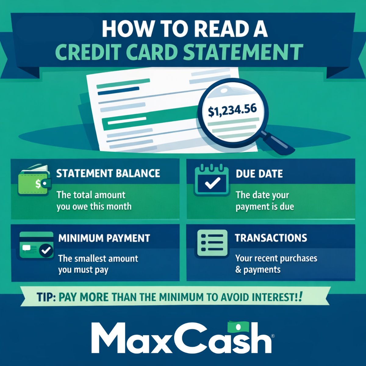 MaxCashOfficial's tweet photo. Understanding your credit card statement doesn’t have to be confusing 💳✨

Ready to take control of your credit? Explore credit card options today with no hassle with the help of Max Cash®:

https://t.co/kM8L5nq1Qy

#creditcards #creditscore #statement https://t.co/z5NcQbHjno