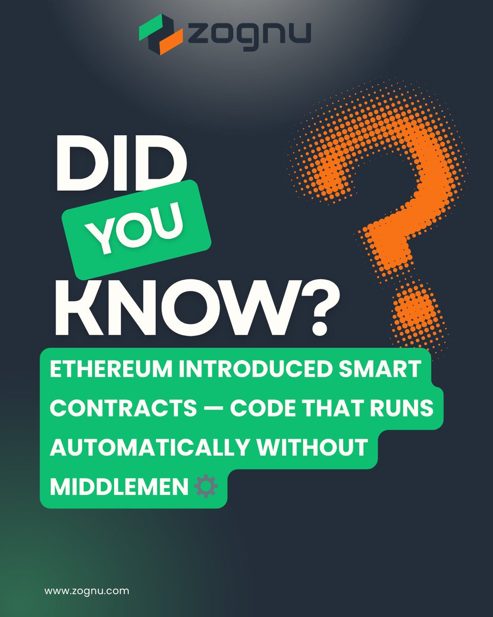 ZognuExchange's tweet photo. Did you know? 🤔
 Ethereum introduced smart contracts — code that runs automatically without middlemen ⚙️
#Ethereum #SmartContracts #Web3 https://t.co/lfQTsN35qS