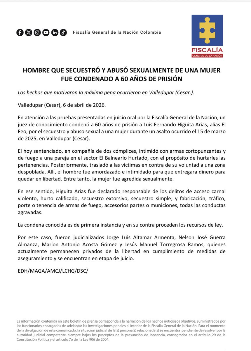 AlexAcunaReales's tweet photo. Siempre le he dicho, en Colombia no se necesita aumentar a cadena perpetua por delitos atroces, lo único que se necesita es que la justicia actúe. Aquí el caso de la joven que fue secuestrado y abusada sexualmente para varios hombres en el cerro de la DPA. La @FiscaliaCol, logró que se condenara a Alias El Feo. Ahí está en el comunicado los años a los que asciende la condena.👇🏿