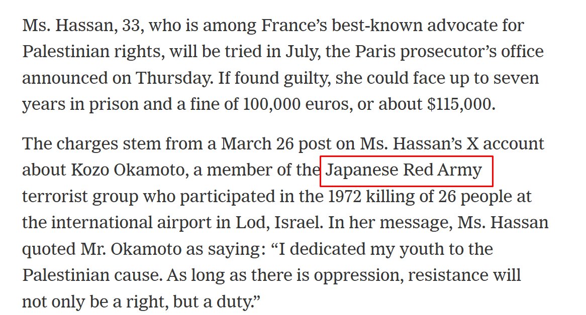 AdamTaylorBates's tweet photo. @porterthereport can I get some insight into what this reference to "Islamist extremist violence" is doing in this article about Rima Hassan and the Japanese Red Army? 

Is it just that she has an Arabic surname or is there like a logical nexus between the two things? https://t.co/nqyVIbOKCx