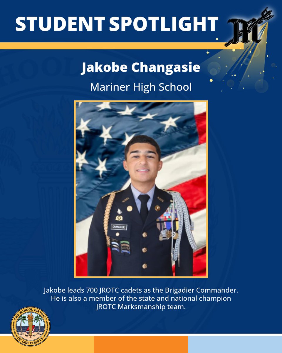LeeSchools's tweet image. Jakobe Changasie is the Brigade Commander of the Mariner High School Army #JROTC program. He maintains a 4.49 weighted GPA and has completed over 200 hours of documented community service, including significant volunteer work with civic and veteran-focused organizations.