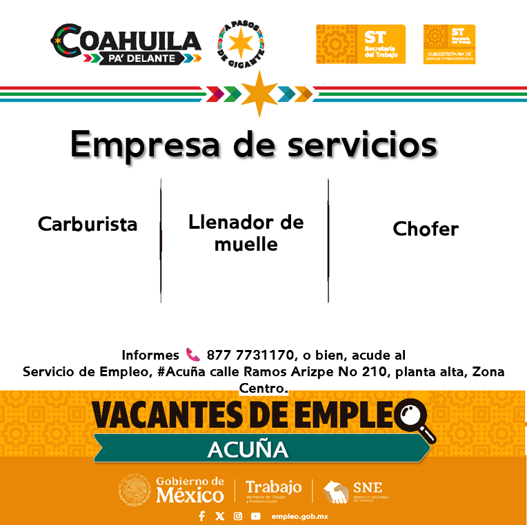 SNEACUNA's tweet photo. ¡Vacante de empleo en  #RegionNorte  #Acuña
📍 Servicio de Empleo #Acuña
📌Dirección: Ramos Arizpe N° 210, esquina con calle Lerdo, planta alta, Col Centro
📞Informes: 877 77 3 11 70

Contáctanos hoy mismo.  
#CoahuilaPaDelante #APasosDeGigante #SNEparaTodo https://t.co/WbSz3W9a48