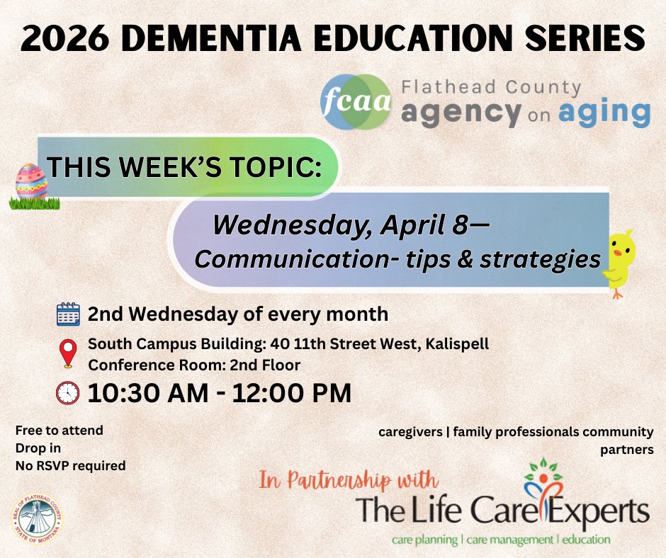MtFlathead's tweet image. Head on over to AOA this Wednesday for the Dementia education session and learn helpful tips and strategies for effective communication.

#flathead #AOA #dementia