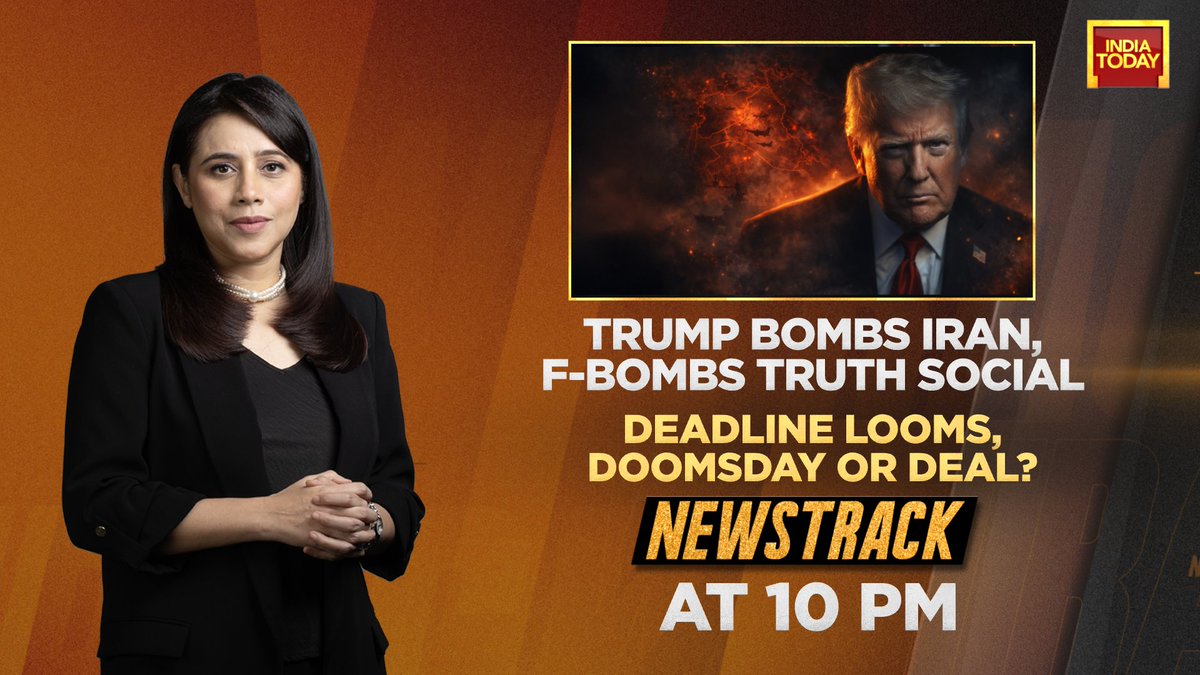 IndiaToday's tweet image. 🔴Donald Trump bombs Iran, F-bombs Truth Social
🔴Deadline looms, doomsday or deal?

Top focus on #Newstrack with @maryashakil at 10 pm. Stay tuned to India Today. #Promo