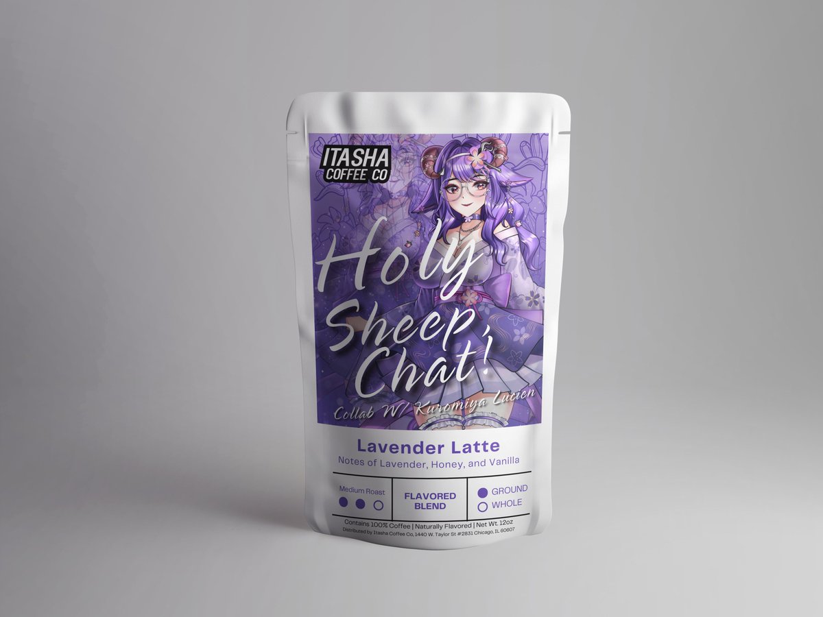 ItashaCoffee's tweet photo. Holy Sheep, Chat! 🐑💜
Lavender Latte is back with all-new artwork featuring VTuber &amp; Vtuber Manager @kuromiyalucien!
A delicious medium-roast blend with notes of lavender, honey, and vanilla for the PERFECT at-home iced or hot latte! 
Get the Limited-Edition Sticker too! ✨✨ https://t.co/zazHEIJDce