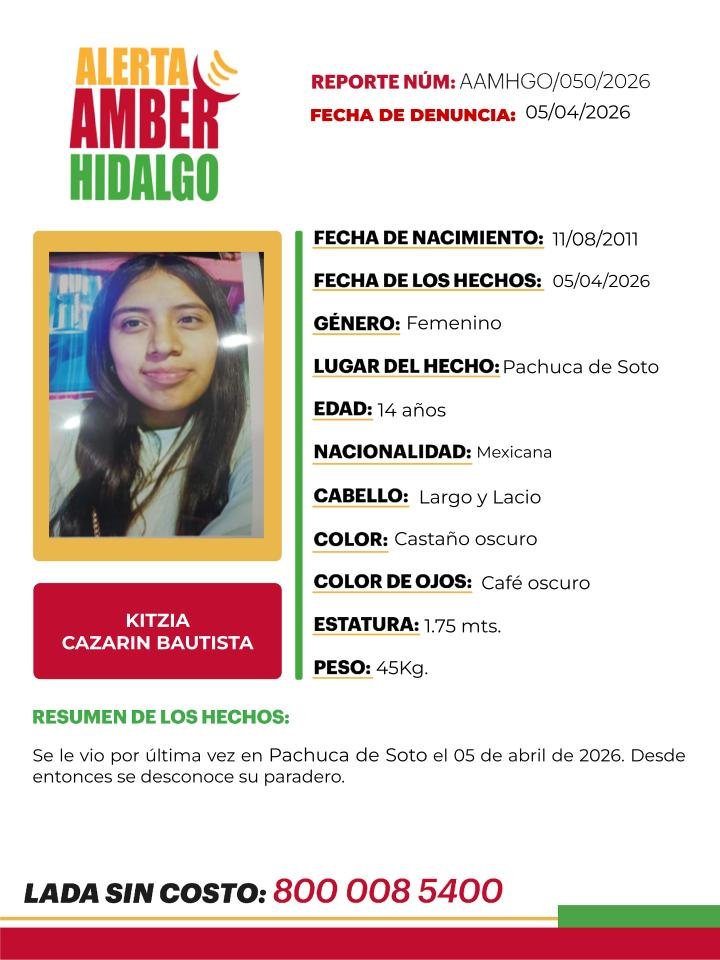 AztecaNoticias's tweet photo. Kitzia Cazarín Bautista tiene solo 14 años y desapareció el pasado 5 de abril en Pachuca, Hidalgo, por lo que las autoridades locales emitieron la Alerta AMBER para poder dar con su paradero.

Si tienes información que se de gran ayuda, no dudes en acudir a las autoridades.

https://t.co/CmVDQaqQJ2