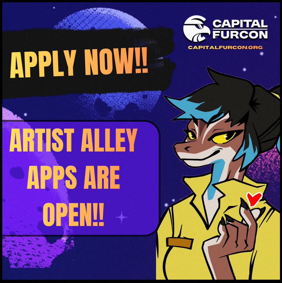 CapitalFurCon's tweet photo. HAPPY MONDAY WORLD!

BIG NEWS FROM THE CAPITAL!

ARTIST ALLEY APPS
>>OPEN TODAY<<  @ 5PM EST
CHECK OUT OUR TIME SLOTS AND APPLY

LIMIT 2 APPLICATIONS PER ARTIST

SPREAD THE ART🎨
SPREAD THE LOVE 💖

U WILL HEAR BACK BY
>>SEPT/OCT<<

https://t.co/6kcgRSJeMN
#CFC2027 #CAPITALFURCON https://t.co/VVmWV9qTj5