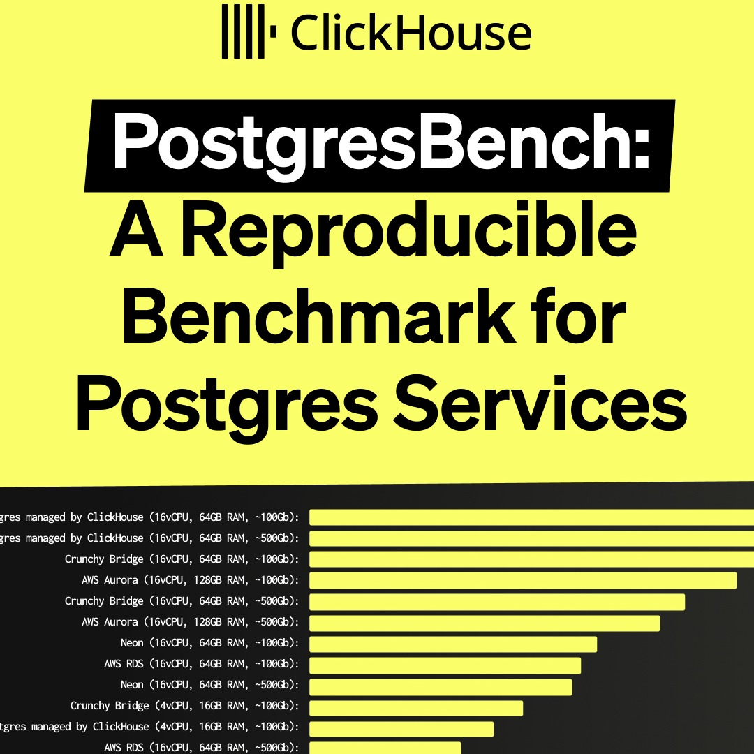 ClickHouseDB's tweet photo. Introducing PostgresBench, a benchmark to compare managed Postgres services.

Postgres handles transactional workloads, while ClickHouse handles analytical workloads. Together they form a unified data stack enabling a "best-of-breed" foundation SaaS and AI applications.