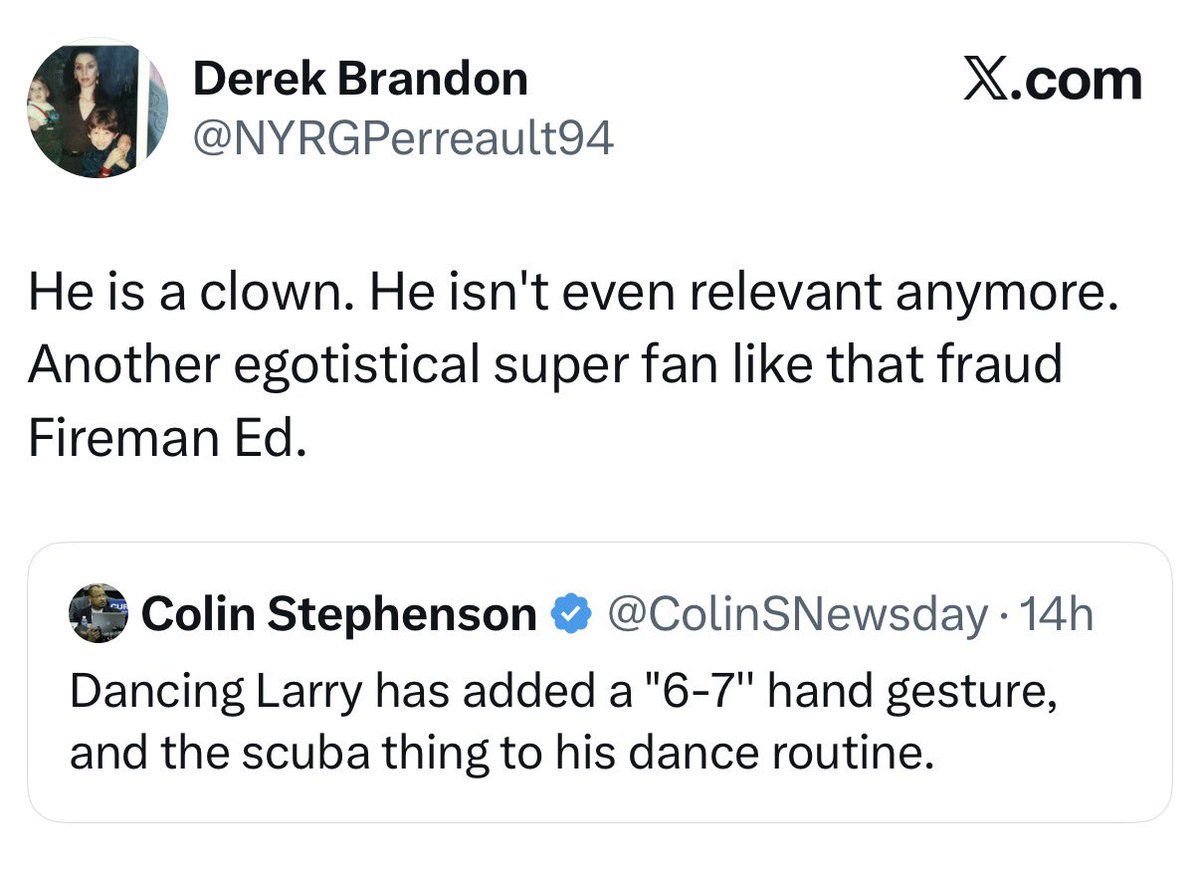 NYCTheMiC's tweet photo. Fun fact: Derek, aka NO FLEX, is over 50 years old , doesn’t have a job and has always lived with his able/not sick parents.
@TheDancinLarry lives by himself, works in TV and is able to afford #NYR season tickets. Who is the fraud now?
@zanyNYRgirl @FloridaMan_Esq_
#OURDAD https://t.co/HQRGaRb23G