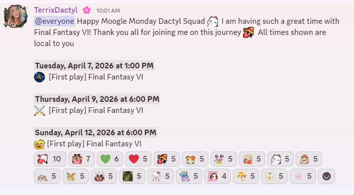 terridactylx's tweet image. This week's schedule! Hope to see you all there 🫶 #jrpgs #streamer #finalfantasy #live #twitch

🌸twitch.tv/terrixdactyl