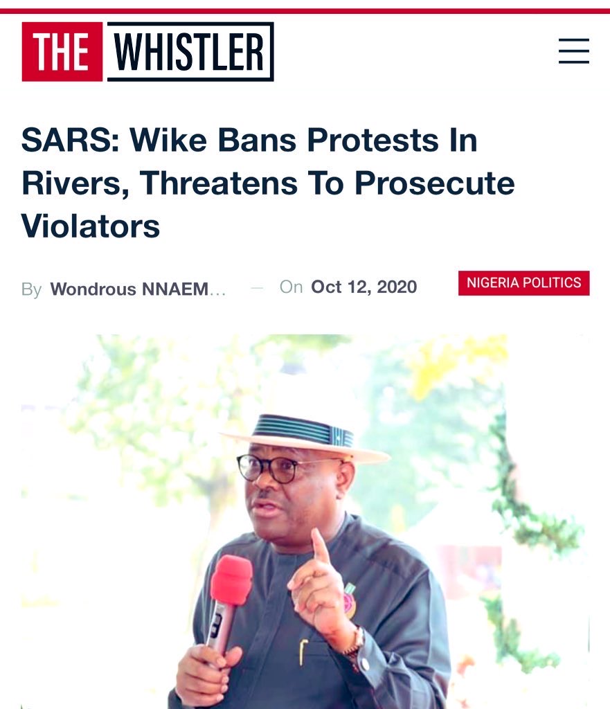 AmnestyNigeria's tweet image. On 12 October 2020, at the peak of #EndSARS nationwide protests against police atrocities then governor of Rivers state Mr. Nyesom Wike threatened protesters by not only brazenly banning the protests but also authorizing law enforcement to ‘deal’ with the protesters. 

On 13