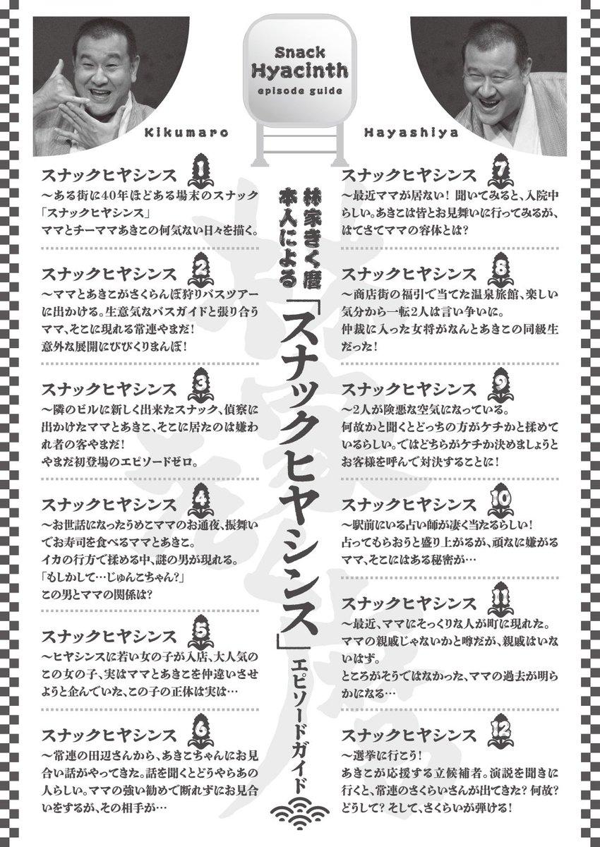 6/5に開催のいがぐみさんのきく麿師匠独演会のチラシ裏面に、これまでのヒヤシンスシリーズのあらすじが載ってるよ。
みんな、現物を探してね～

ヒヤシンス2は、小せん師匠とのリレー以来でした