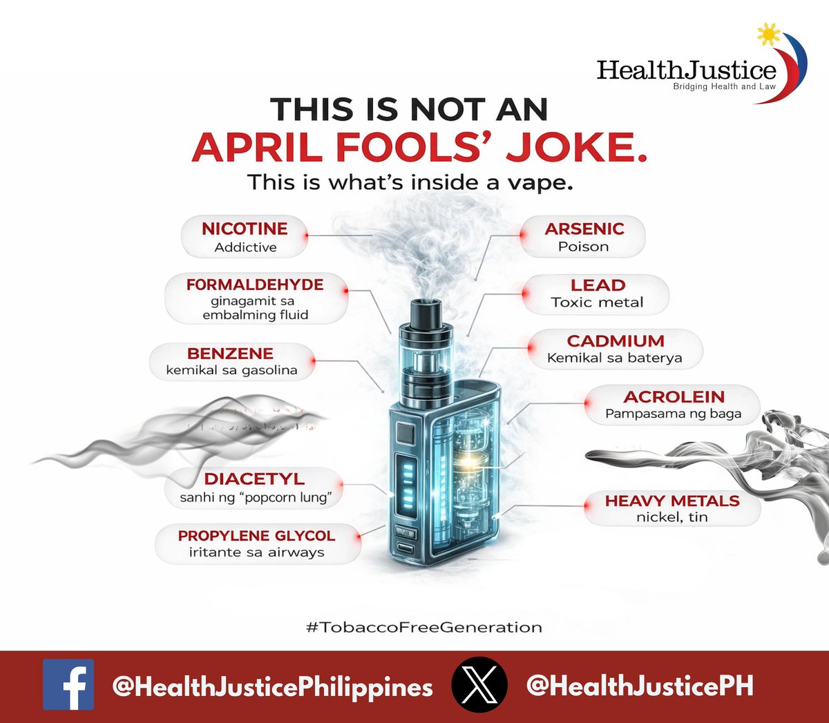 HealthJusticePH's tweet photo. What’s inside a vape isn’t harmless vapor.
It’s a mix of toxic chemicals, the same ones found in gasoline, cleaning products, and even embalming fluid.
Every puff exposes your lungs to substances that can damage your health especially for young people.
#VapeBan https://t.co/K5KWImaV9r