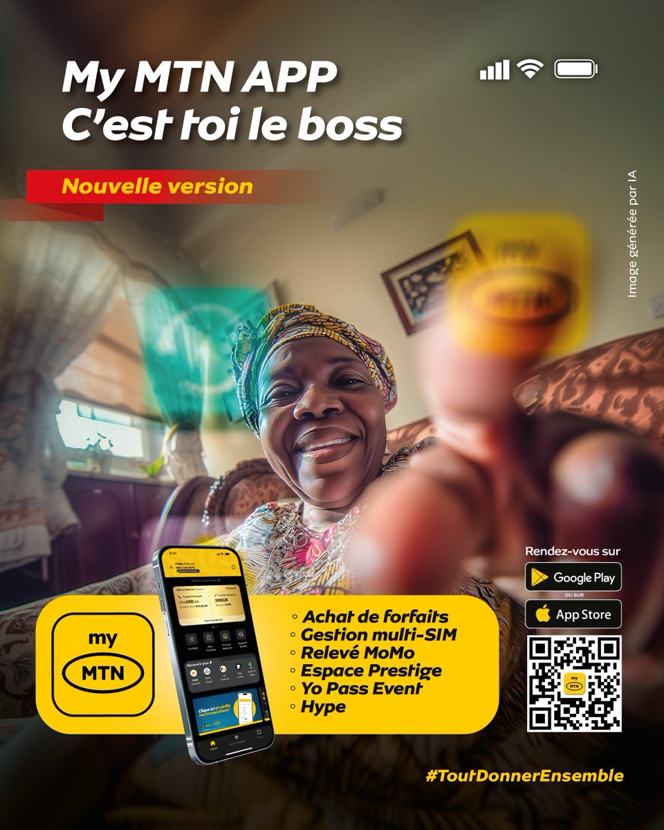 Plus besoin de courir partout.
Avec la nouvelle My MTN App, tu fais tout toi-même :
- acheter tes forfaits
- gérer plusieurs numéros
- suivre ton MoMo
- profiter de Prestige, Yo Pass Event.

Tout est clair, tout est facile.
Télécharge maintenant : mtn.bj/mymtn-app/