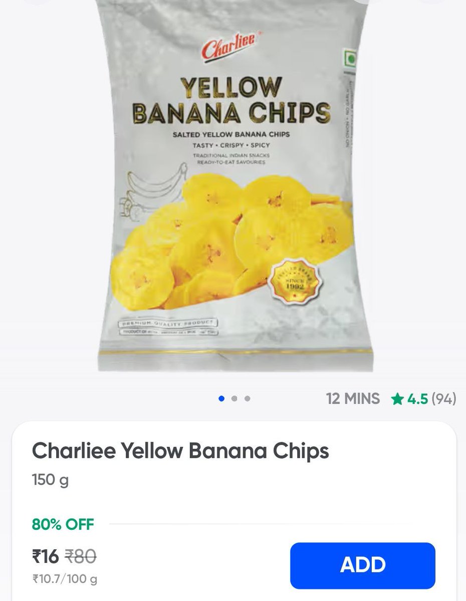 DealsWorthWatch's tweet image. #Swiggy Instamart #Pune
Charliee Yellow Banana Chips 150g
🔻OFF: 80% | 🏷️ Price: ₹16 (₹80)
swiggy.com/stores/instama…