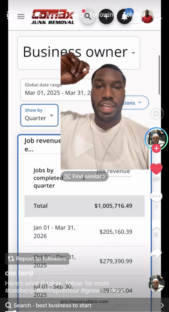 SymoneBeez's tweet photo. Remember them talking about Junk Removal companies being unrealistic? This guy popped up on my fyp.

He just hit $1M revenue in 12 months with his junk removal company. 3rd year in business. https://t.co/PYzAIfBP9J