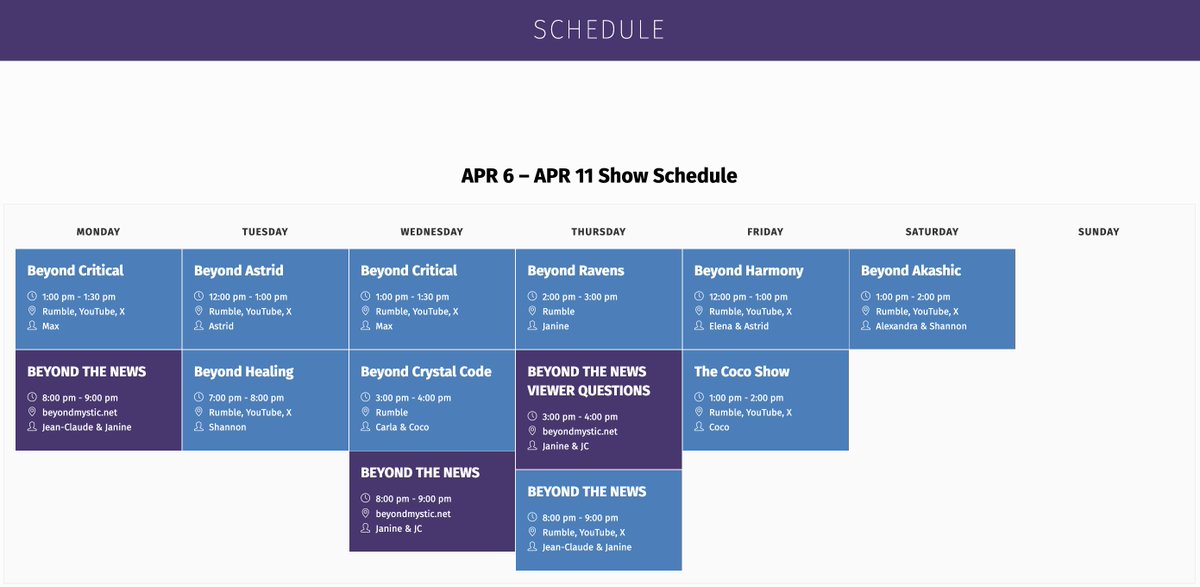 Coco_Pierre_'s tweet image. 📣 BEYOND MYSTIC APR 6-11 SHOW SCHEDULE

📡 TUNE IN LIVE WITH US EVERYDAY

📺 CLICK AND WATCH:
beyondmystic.net/schedule/

🙏RETWEET 🙏

#News #TrendingNews #Tarot #Podcast #Woo #Astrology
@MorigeauJanine @clif_high @RealistNews @TheOfficial_FFG
@CryptoNana4LTC @lisamightydavis