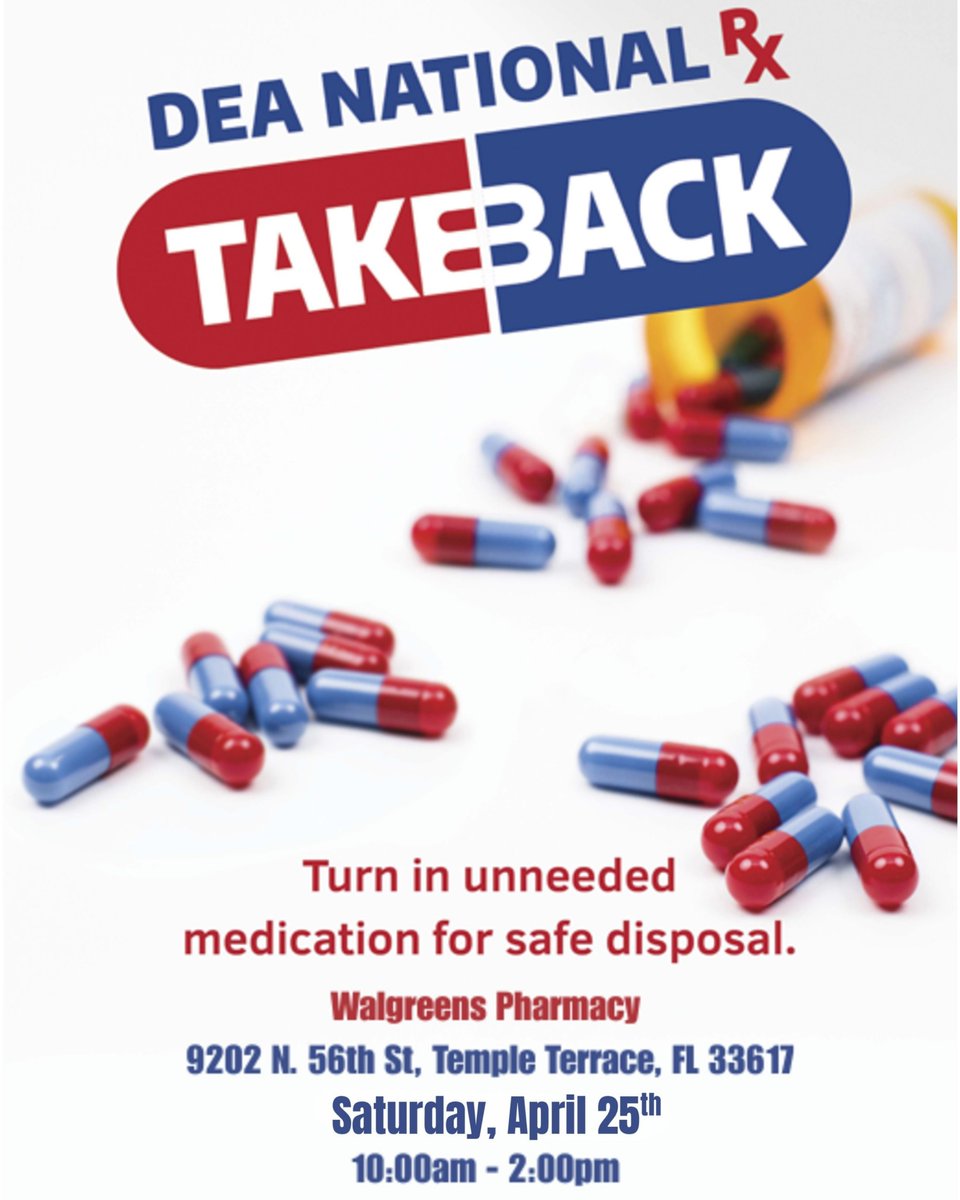 TempleTerracePD's tweet photo. Clean out your medicine cabinet! Join TTPD for the DEA Take Back Event on April 25 from 10am to 2pm at Walgreens (9202 N 56th St.)

No questions asked. Just drop off and go. 💊 https://t.co/MDR085p1tP