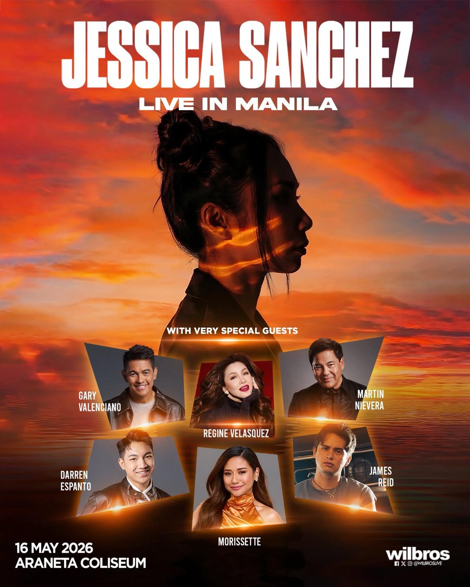 MUSIC ICONS IN ONE STAGE 🤩

Wilbros Live announced the star-studded special guests for Jessica Sanchez' concert in Manila on May 16, 2026 at the Araneta Coliseum.

The event features renowned singers and performers namely Gary Valenciano, Regine Velasquez, Martin Nievera, Darren