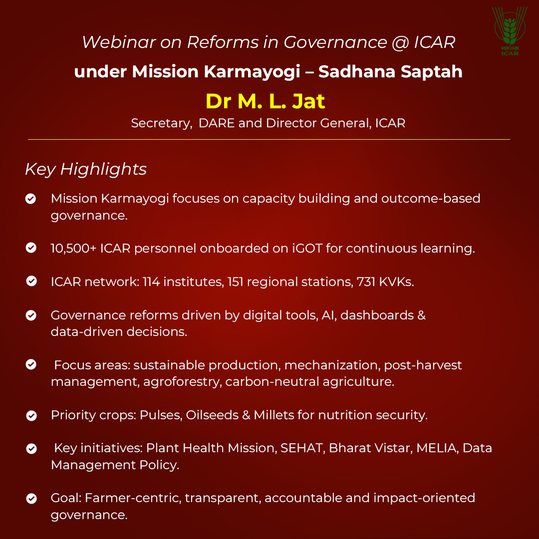 Governance Reforms @ ICAR under Mission Karmayogi focus on capacity building, digital governance, and farmer-centric outcomes, aligned with Viksit Bharat 2047: insights by Dr. M. L. Jat.
#ICAR <a href="/ChouhanShivraj/">Shivraj Singh Chouhan</a> <a href="/PIB_India/">PIB India</a> <a href="/AgriGoI/">Agriculture INDIA</a>