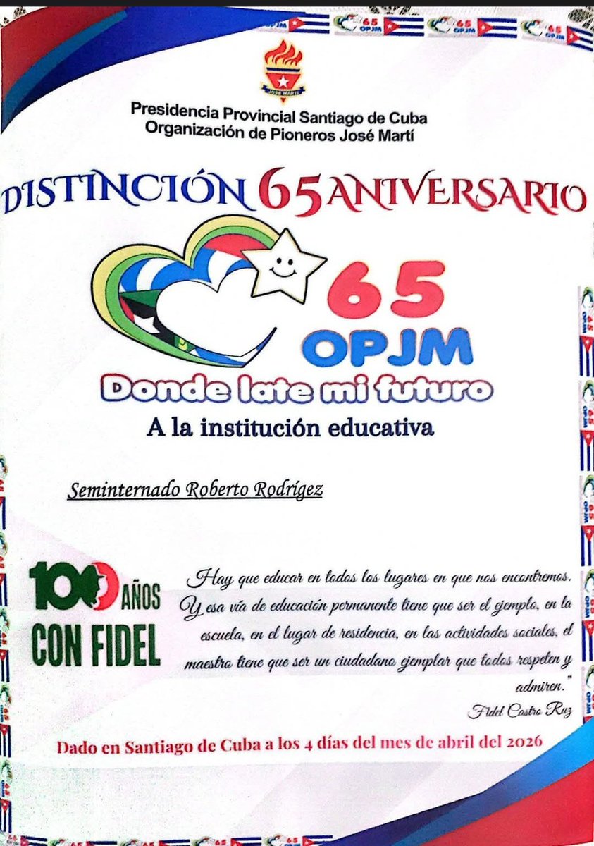 Felicidades a ese consagrado colectivo.Reconocimiento 65 AniversarioOPJM , a la institución SI Roberto Rodríguez.
#SiempreSantiago.
#SantiagoDeCuba.