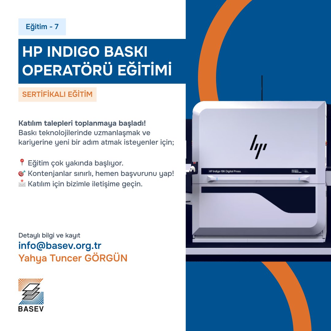 basevorgtr's tweet photo. HP INDIGO BASKI OPERATÖRÜ 7.SERTİFİKA EĞİTİMİ BAŞLIYOR!
Basım Sanayi Eğitim Vakfı olarak, sektöre nitelikli iş gücü kazandırmak amacıyla düzenlediğimiz HP Indigo Baskı Operatörü 7.Sertifika Eğitimi için başvuru süreci başladı!
#BASEV #BasevEğitim #BasevMeslekiTeknikEğitim https://t.co/D9wESb80ZR