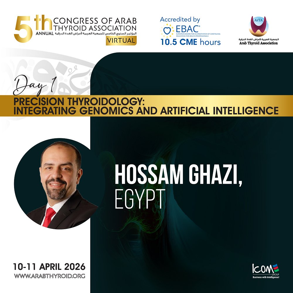 ArabThyroid's tweet photo. Precision #Thyroidology: Integrating Genomics &amp; Artificial Intelligence

Step into the future of #thyroidcare—where genomics and artificial intelligence are transforming diagnosis, risk stratification, and personalized treatment strategies.

Register now: https://t.co/uOoSUMwuEU https://t.co/EsuecFWvqx