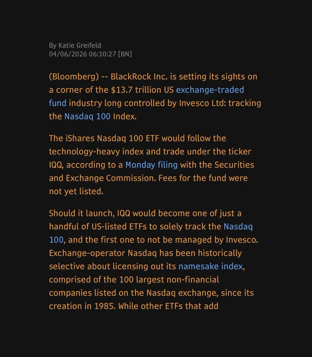 BullTheoryio's tweet photo. BREAKING: BlackRock files with the U.S. SEC to launch a Nasdaq-100 ETF

The world’s largest asset manager plans to introduce the iShares Nasdaq 100 ETF under the ticker IQQ, tracking the Nasdaq 100.

If launched, it would compete directly with Invesco’s QQQ and become the first Nasdaq 100 ETF not managed by Invesco.