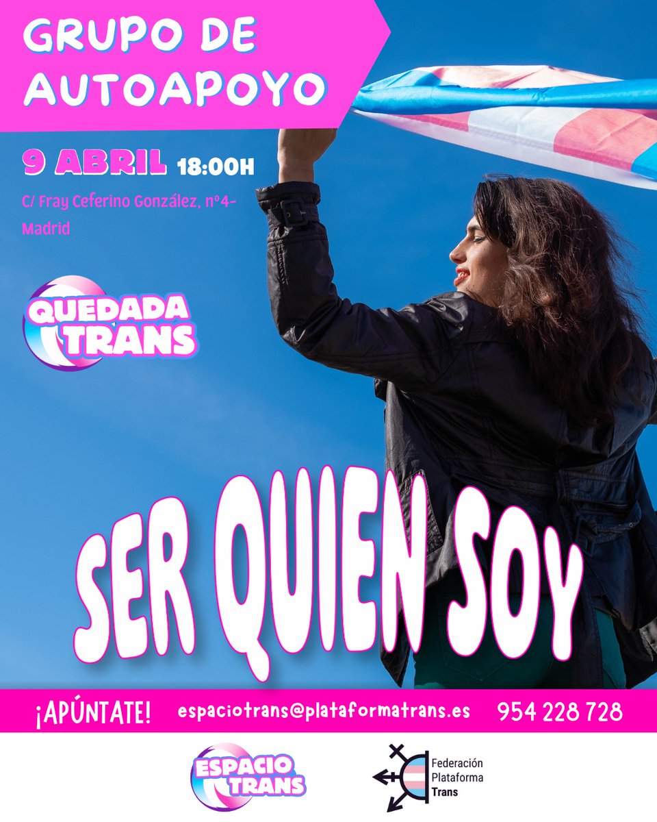 PlataformaTrans's tweet photo. 🏳️‍⚧️Grupo de autoapoyo! Este Jueves 9 de abril nos reunimos para compartir nuestras experiencias y apoyarnos mutuamente en un espacio seguro y diverso. Apúntate y conoce a personas como tu! 🩷🤍🩵 https://t.co/9ge4wEgXeY