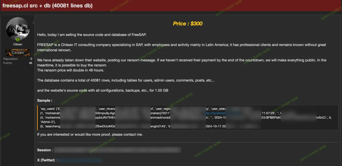 Chile 🇨🇱 - FreeSAP has allegedly suffered a data breach and extortion attack, resulting in the theft of its website source code and a database containing over 40,000 rows of user and admin information. dailydarkweb.net/chilean-it-fir…