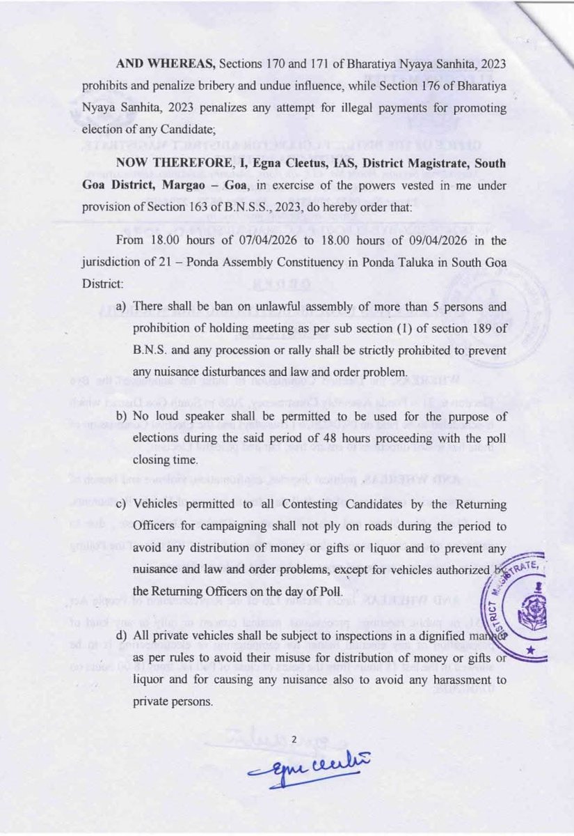 thegoanonline's tweet image. THE GOAN | #SouthGoa DM orders strict code for #Ponda bypolls on April 9. No rallies, loudspeakers, or gatherings of more than 5 people from April 7, 6 pm onwards; liquor sale banned; candidate vehicles restricted; election booths 100m from polling stations.

#Goa #BreakingNews