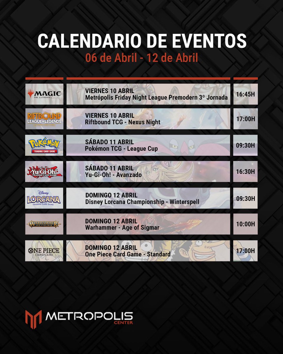 MetropolisCnter's tweet photo. 📅 Aquí tenéis el calendario de eventos semanal de #metropoliscenter
➡️ Desde eventos para principiantes hasta eventos claramente competitivos, donde destacamos el Championship de Winterspell de Disney Lorcana o la Tercera Jornada de Premodern en las Metrópolis Friday Night League de Magic: The Gathering.
📱 Más información e inscripciones en https://t.co/9gXUx48AhN
#tcg #pokemon #yugioh #magicthegathering