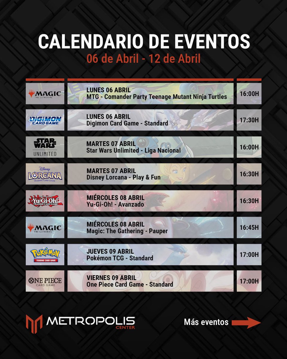 MetropolisCnter's tweet photo. 📅 Aquí tenéis el calendario de eventos semanal de #metropoliscenter
➡️ Desde eventos para principiantes hasta eventos claramente competitivos, donde destacamos el Championship de Winterspell de Disney Lorcana o la Tercera Jornada de Premodern en las Metrópolis Friday Night League de Magic: The Gathering.
📱 Más información e inscripciones en https://t.co/9gXUx48AhN
#tcg #pokemon #yugioh #magicthegathering
