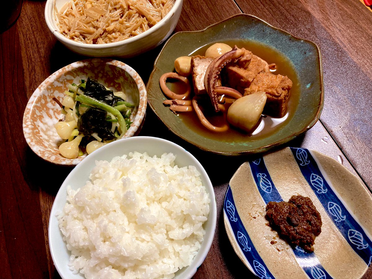 JDA0715's tweet photo. 厚揚げとイカと粒デカにんにくの煮物
イカわたを酒生姜味噌で煮詰めたなんだかわからない味変のやつ
ノビルの酢味噌和え
お手製なめたけ

いつもの煮物に飽きてる人
粒デカにんにくが手に入ったら騙されたと思ってやってみてほしい
とろとろで少しパンチが出てご飯の進む煮物になります
ᕦ(ò_óˇ)ᕤ https://t.co/DwKHEetf5n