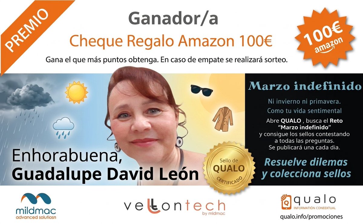 Sol, lluvia, viento polar... ¡Marzo ha sido un caos, pero el reto #MarzoIndefinido de QUALO ya tiene campeona! 🏆 Enhorabuena a Guadalupe por conseguir todos sus sellos y demostrar que no hay dilema de entretiempo que la detenga. ⛅Gracias por jugar y conectar! 📲💙 #QualoApp