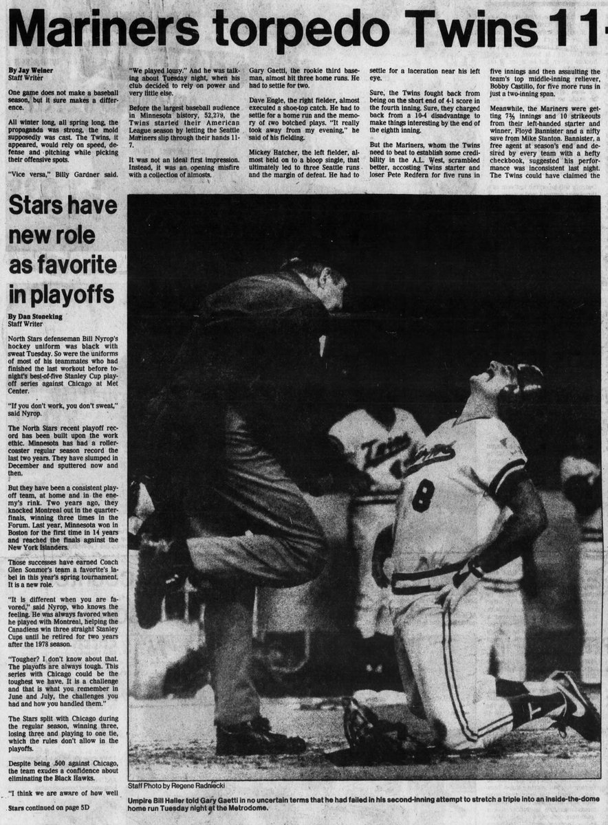 WHENESOTA's tweet image. #OTD in #Minnesota Sports History (1982) The #MNTwins play their first regular season game in the Metrodome losing 11-7 to the Seattle Mariners. #OpeningDay #MLB
newspapers.com/clip/99185031/