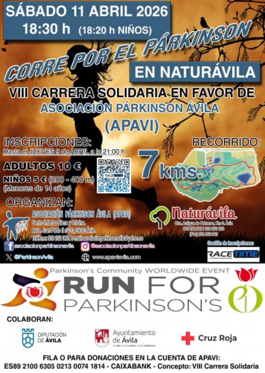 Este sábado, #Naturávila vuelve a acoger la Carrera de <a href="/ParkinsonAvila/">Parkinson Ávila</a>. Octava edición de una cita solidaria para apoyar la lucha contra esta enfermedad y la calidad de vida de los afectados y sus familias.

#HaciendoProvincia  🏃🏽‍♀️🏃🏻🏃🏻‍♂️🏃🏼‍♀️