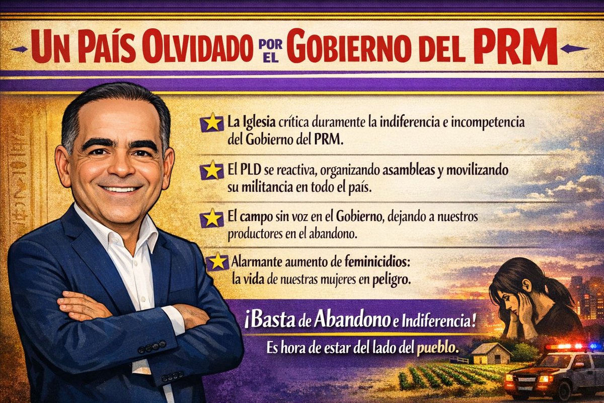 Robertdelacruzw's tweet photo. Los temas expuestos reflejan un país cada vez más golpeado por la desconexión del Gobierno del PRM con las verdaderas necesidades de la gente. La propia Iglesia, desde el sermón de las Siete Palabras, levantó su voz contra la indiferencia oficial, coincidiendo con lo que viene denunciando el PLD: que el pueblo dominicano está siendo maltratado por una gestión insensible e incapaz de responder a sus angustias.

Frente a esa realidad, el PLD retoma las calles y fortalece su presencia nacional con asambleas provinciales, reactivando su militancia y reafirmando su compromiso con la organización y la cercanía con la población. Al mismo tiempo, preocupa que el sector agropecuario haya sido excluido de espacios clave de diálogo, evidenciando un Gobierno que parece dar la espalda a quienes producen la comida del país.

A esto se suma una alarmante crisis de seguridad para las mujeres, con un aumento dramático de los feminicidios, lo que confirma que la improvisación gubernamental también está pasando factura en la protección de la vida. En conjunto, estos temas dibujan un escenario de abandono, exclusión y deterioro social que exige una oposición firme, activa y conectada con la realidad nacional.