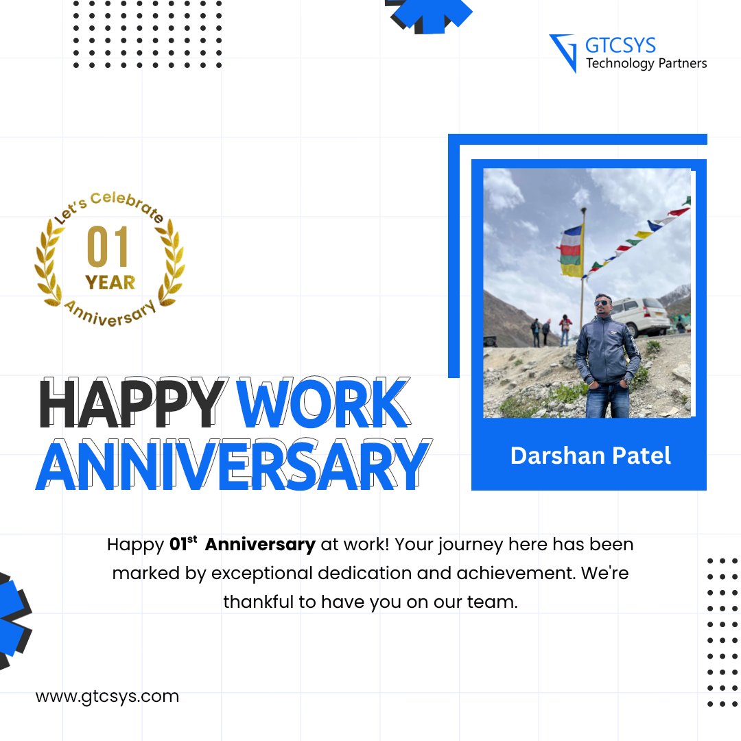 gtcsys's tweet photo. Celebrating one year of growth and learning. Grateful for the journey and excited for what’s next. Happy 1st work anniversary Darshan🎉 

 #WorkAnniversary #1YearWithGTC #TeamGTC #CelebrateSuccess #GTCFamily https://t.co/INacoO7nJB