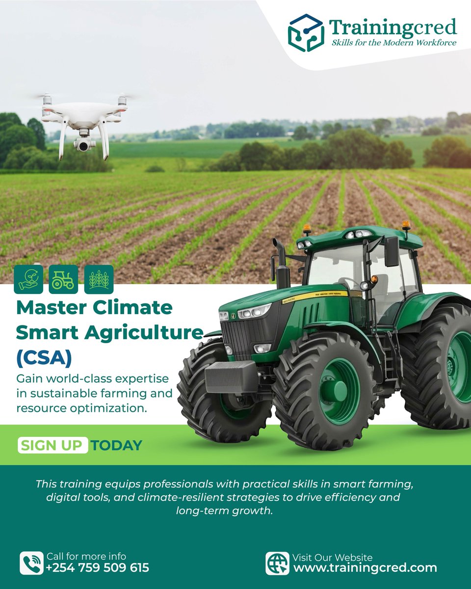 Trainingcred's tweet photo. Ready to lead the future of agriculture? Our Climate Smart Agriculture (CSA) course equips you with the tech expertise and strategies needed for sustainable, high-efficiency farming. Sign up here or visit our website!  https://t.co/O0q2D3fan7 https://t.co/9tFgi0Hb2d