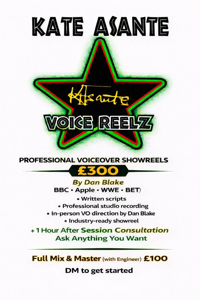 DanBlakeVoice's tweet photo. Professional Voiceover Showreels 🎙️
Trusted by BBC • Apple • WWE • BET
🎧 Industry-ready reel
🎬 Studio recording + direction
📝 Scripts included
£300
(+ Full Mix &amp; Master £100)
Serious about voiceover?
DM to get started. https://t.co/BJfEq5VInc